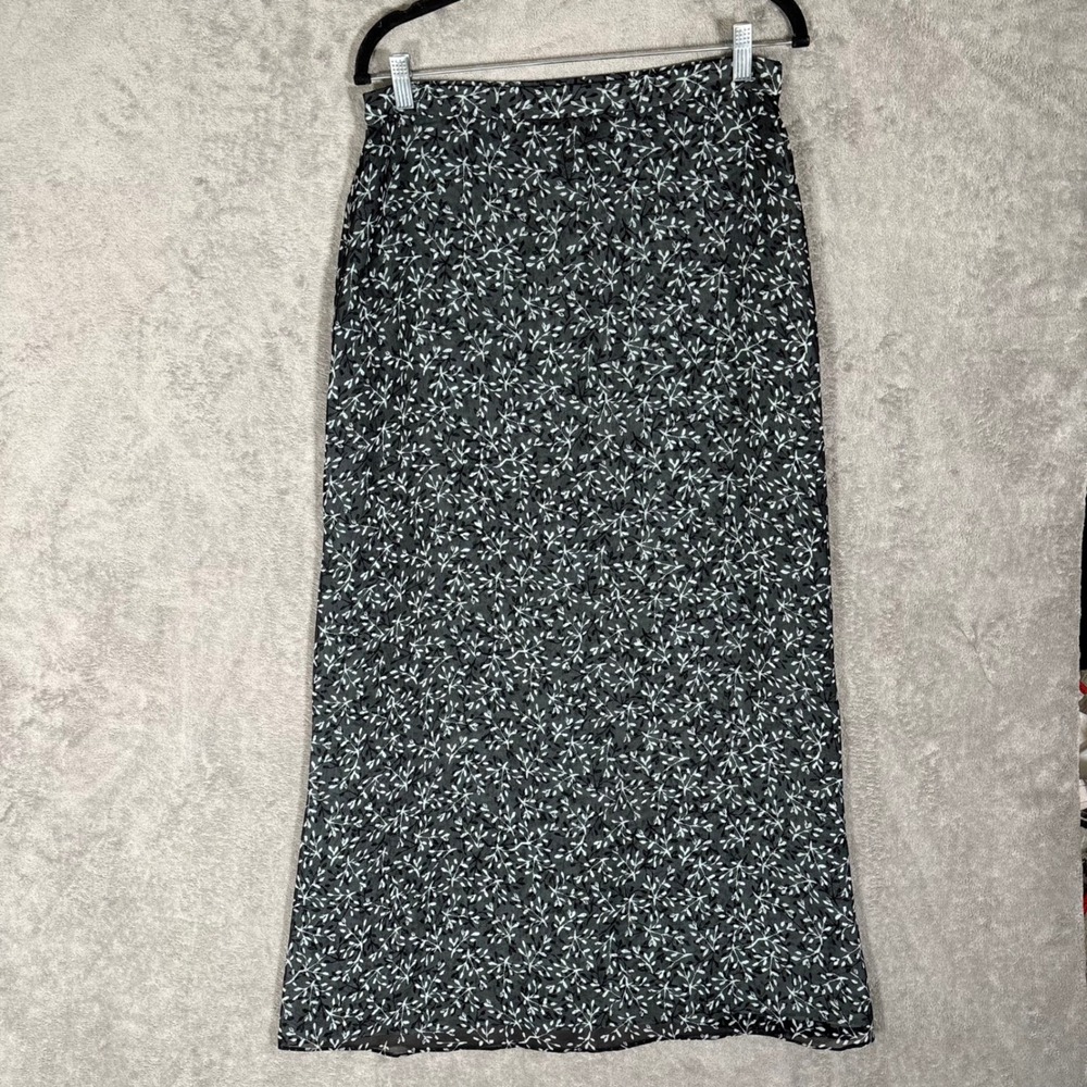 Ellen Tracy 100% Silk Sheer Maxi Skirt Black White Floral Branch Fits M 90s Y2K
